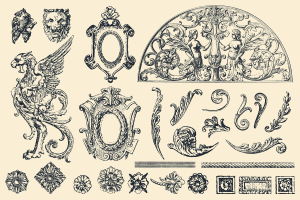 Drawing of different Victorian-era motifs