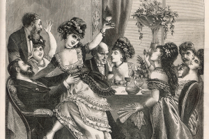 drawing of Victorian women and men at a social party gathering