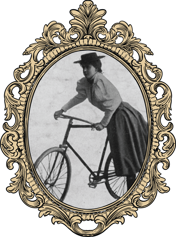 black and white photograph of a woman riding a bicycle