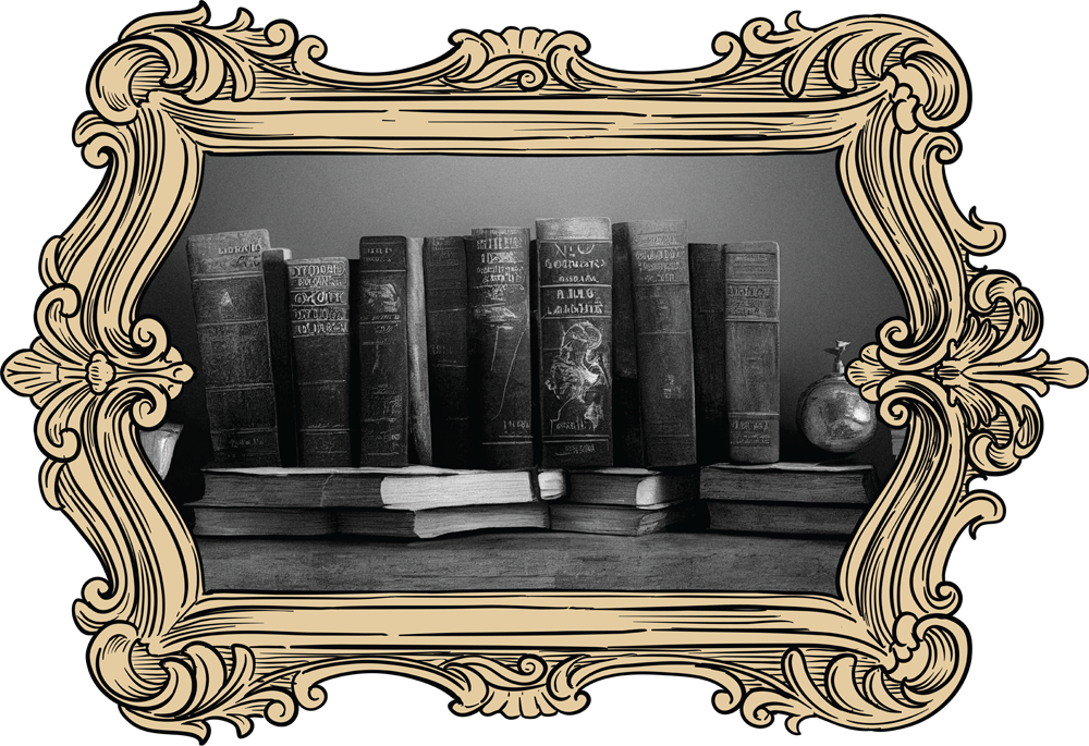 black and white photograph of books on a shelf