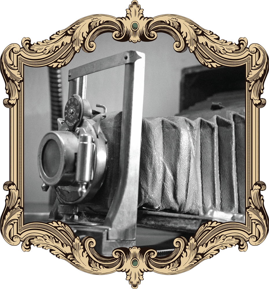 black and white photograph of a vintage camera
