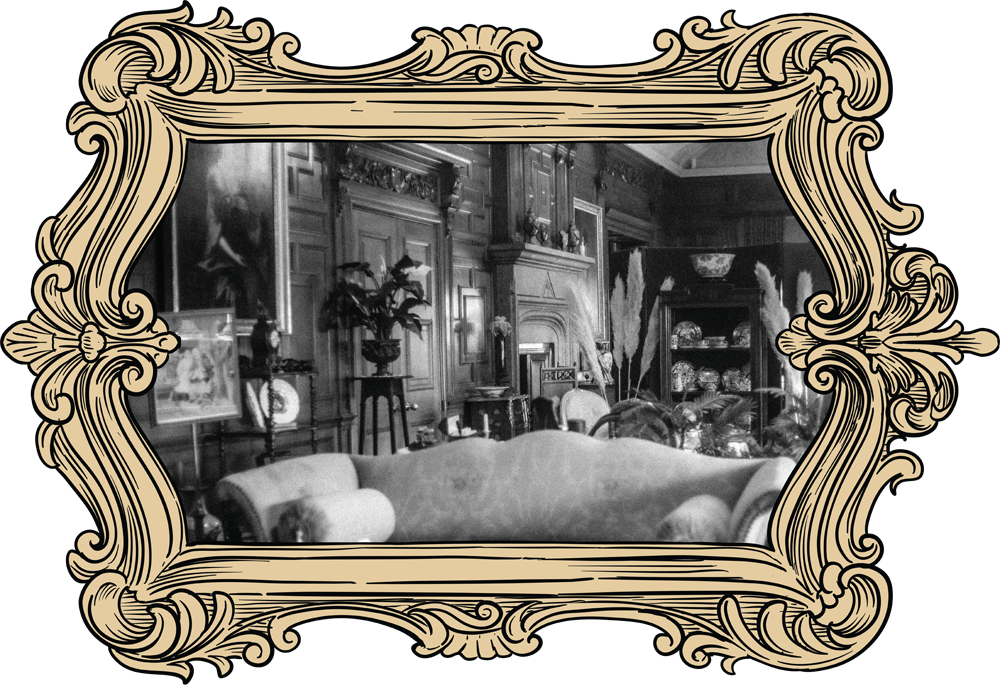 black and white photograph of a Victorian-esque drawing room