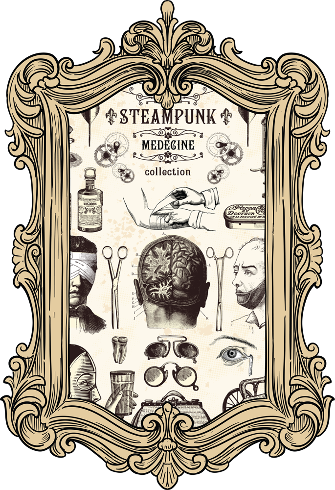 vintage poster of medical devices in an ornate frame