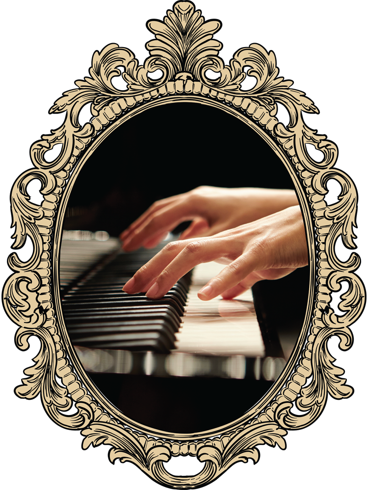 hands playing piano in an ornate frame