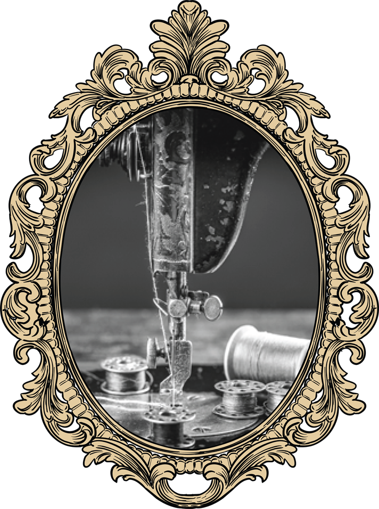 close up black and white photograph of a sewing machine