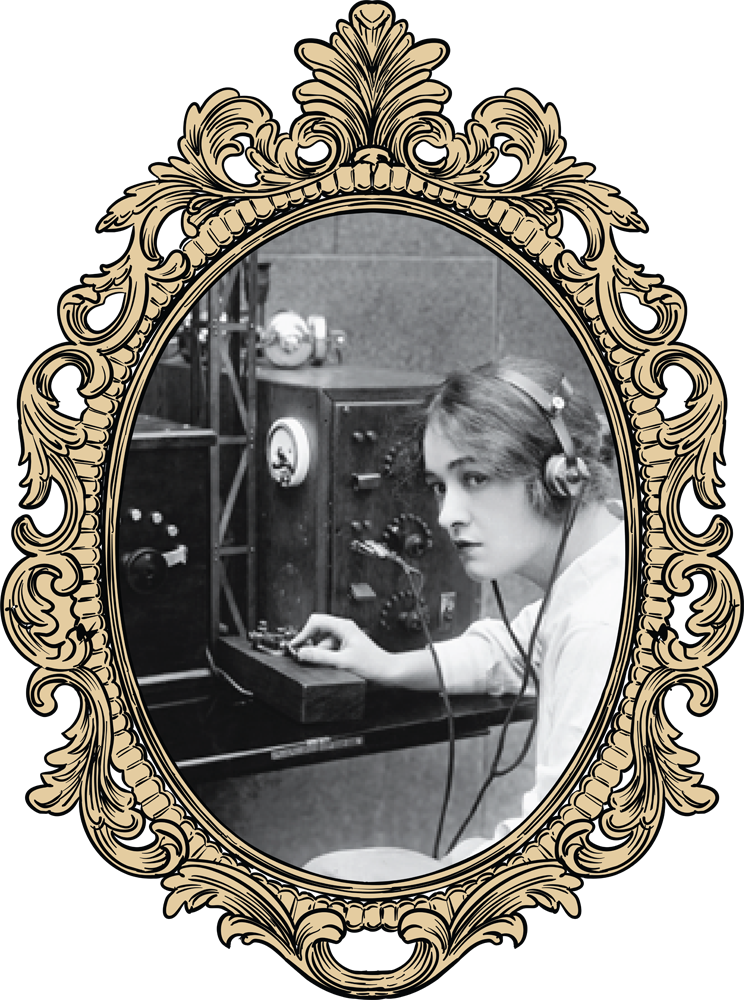 black and white photo of a woman using a telegraph
